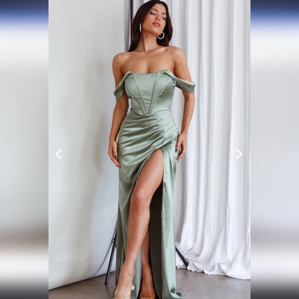 SELFIE LESLIE NOVARA CORSET BUST SATIN DRESS OLIVE - Picture 10 of 10